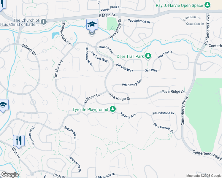 map of restaurants, bars, coffee shops, grocery stores, and more near 21625 Whirlaway Avenue in Parker