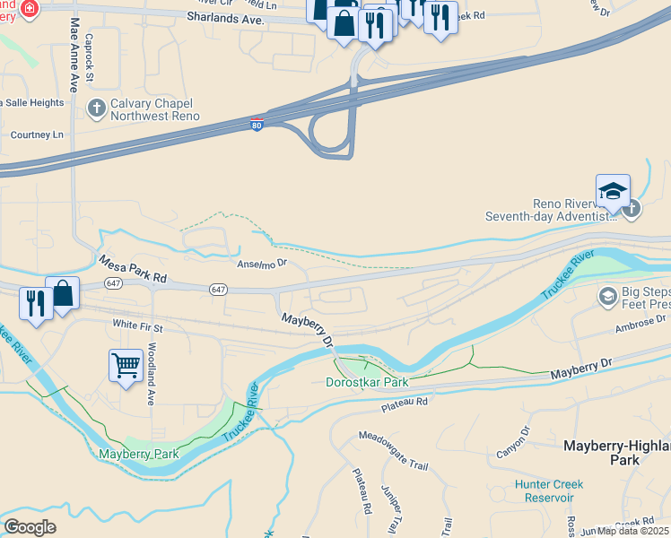 map of restaurants, bars, coffee shops, grocery stores, and more near 710 Bluffs Court in Reno