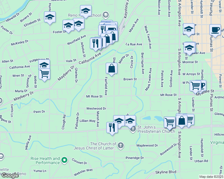 map of restaurants, bars, coffee shops, grocery stores, and more near 1258 Fairfield Avenue in Reno