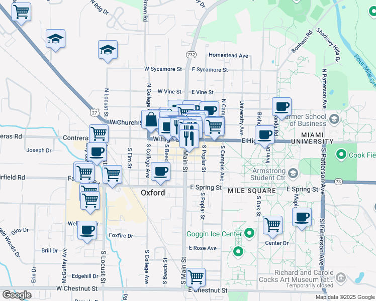 map of restaurants, bars, coffee shops, grocery stores, and more near 48 South Main Street in Oxford