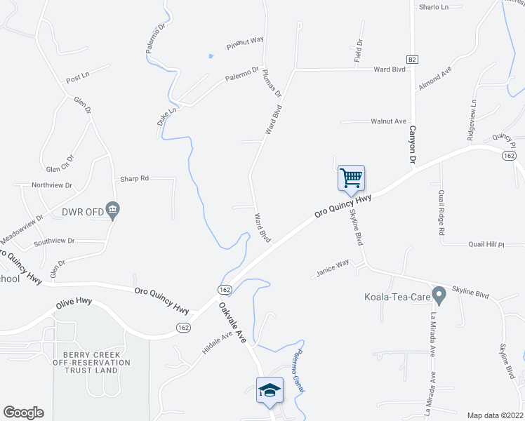 map of restaurants, bars, coffee shops, grocery stores, and more near 47 Ward Boulevard in Oroville