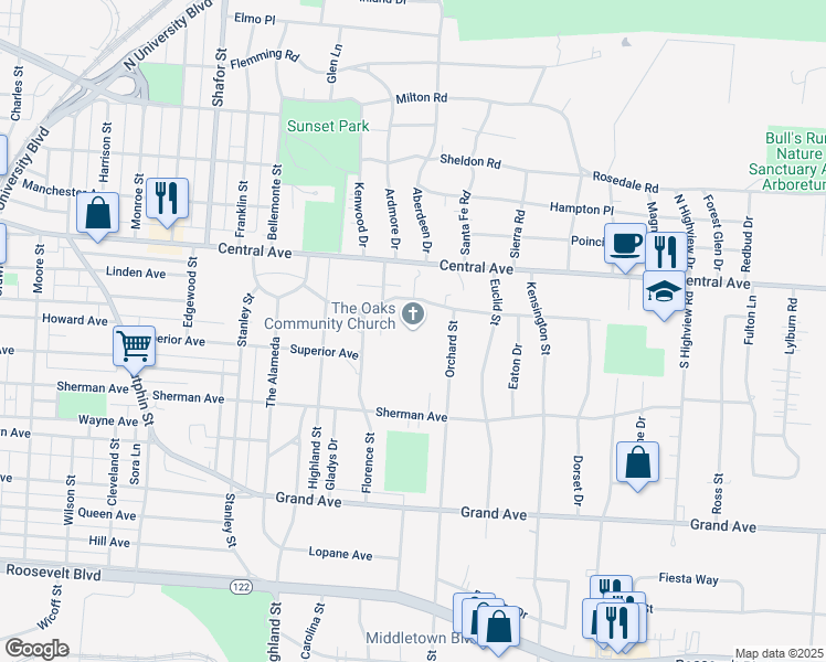 map of restaurants, bars, coffee shops, grocery stores, and more near 3000 McGee Avenue in Middletown