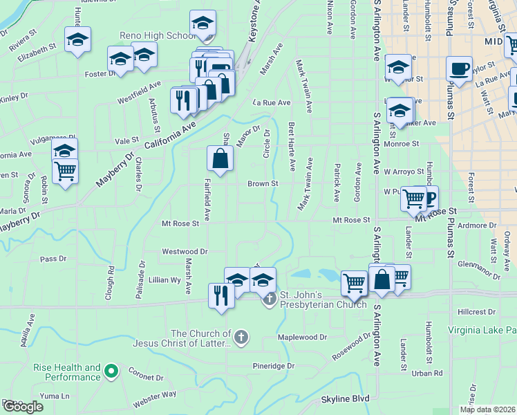 map of restaurants, bars, coffee shops, grocery stores, and more near 830 Crocker Way in Reno