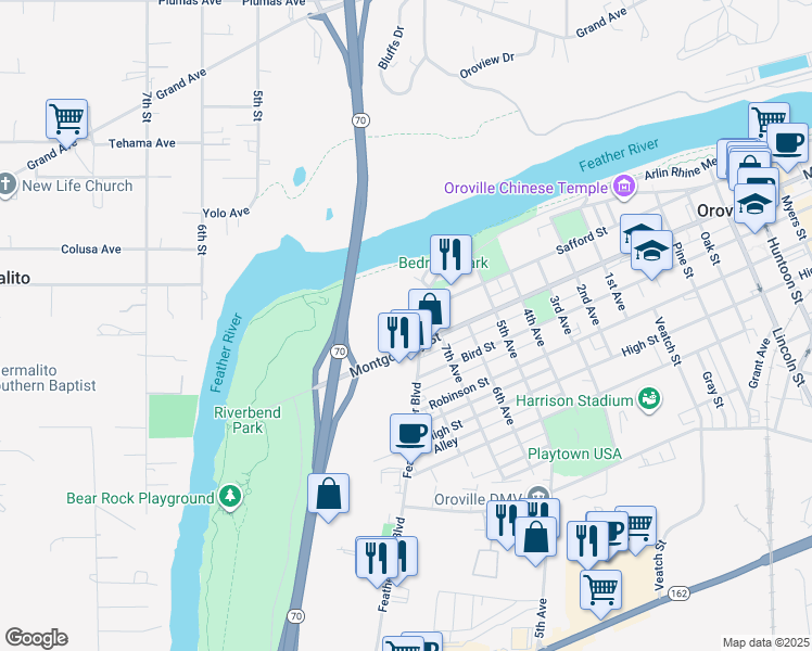 map of restaurants, bars, coffee shops, grocery stores, and more near 1276 Feather River Boulevard in Oroville