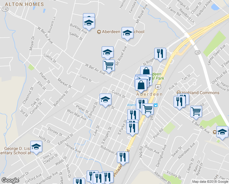 map of restaurants, bars, coffee shops, grocery stores, and more near 301 Custis Street in Aberdeen