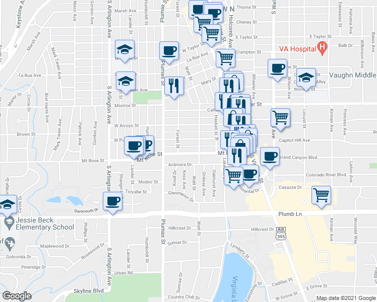 map of restaurants, bars, coffee shops, grocery stores, and more near 365 Mount Rose Street in Reno