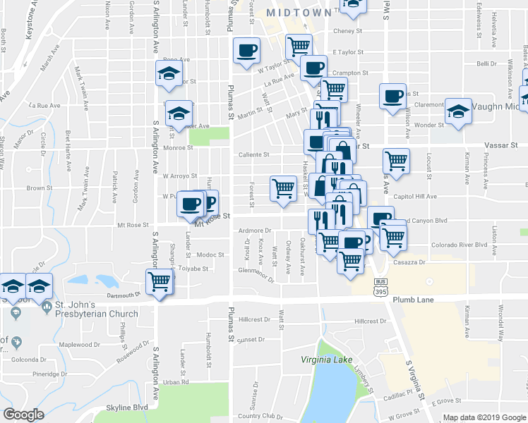 map of restaurants, bars, coffee shops, grocery stores, and more near 365 Mount Rose Street in Reno