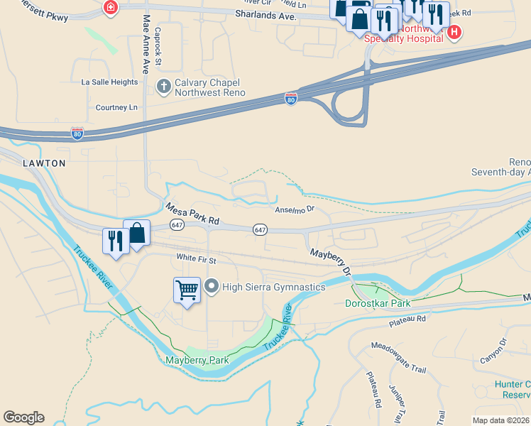 map of restaurants, bars, coffee shops, grocery stores, and more near 8020 Anselmo Court in Reno