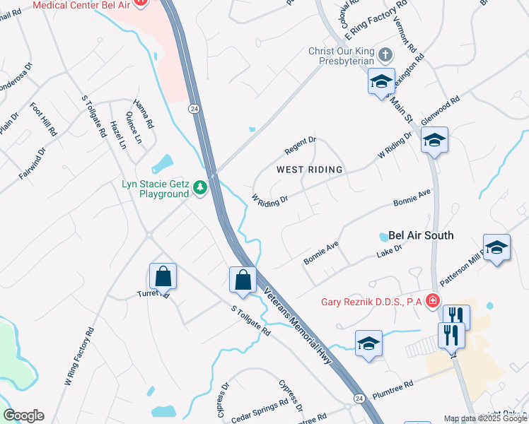 map of restaurants, bars, coffee shops, grocery stores, and more near 303 West Riding Drive in Bel Air