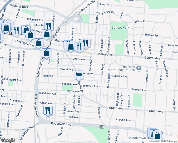 map of restaurants, bars, coffee shops, grocery stores, and more near 207 Edgewood Street in Middletown