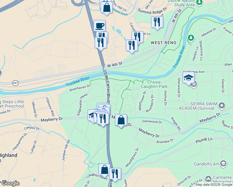 map of restaurants, bars, coffee shops, grocery stores, and more near 1185 Bridlewood Way in Reno