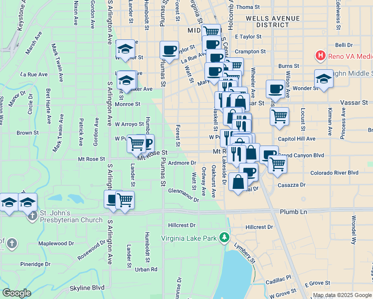 map of restaurants, bars, coffee shops, grocery stores, and more near 365 Mount Rose Street in Reno