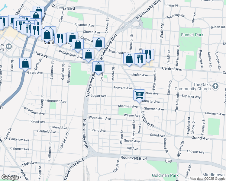 map of restaurants, bars, coffee shops, grocery stores, and more near 311 Moore Street in Middletown