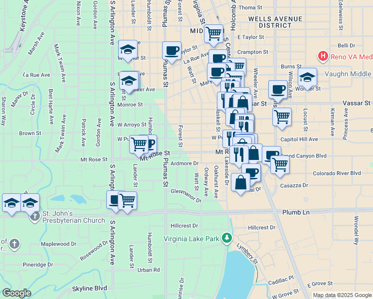 map of restaurants, bars, coffee shops, grocery stores, and more near 357 Mount Rose Street in Reno