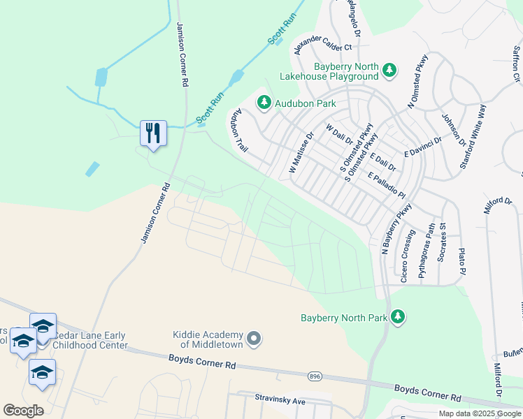 map of restaurants, bars, coffee shops, grocery stores, and more near 3112 Pett Level Drive in Middletown