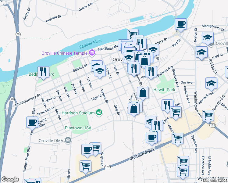 map of restaurants, bars, coffee shops, grocery stores, and more near 1589 High Street in Oroville