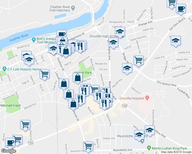 map of restaurants, bars, coffee shops, grocery stores, and more near Spencer Avenue & Park Avenue in Oroville