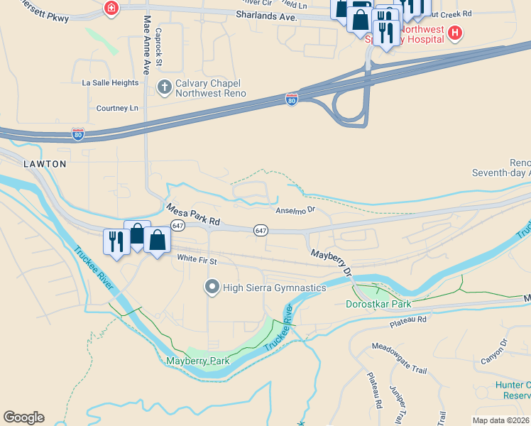 map of restaurants, bars, coffee shops, grocery stores, and more near 8020 Anselmo Court in Reno