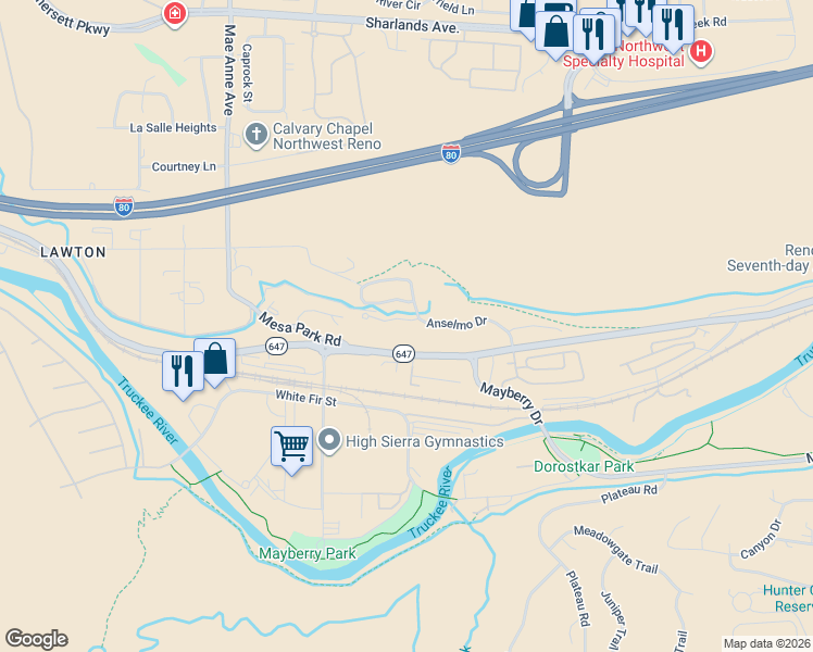 map of restaurants, bars, coffee shops, grocery stores, and more near 8020 Anselmo Court in Reno