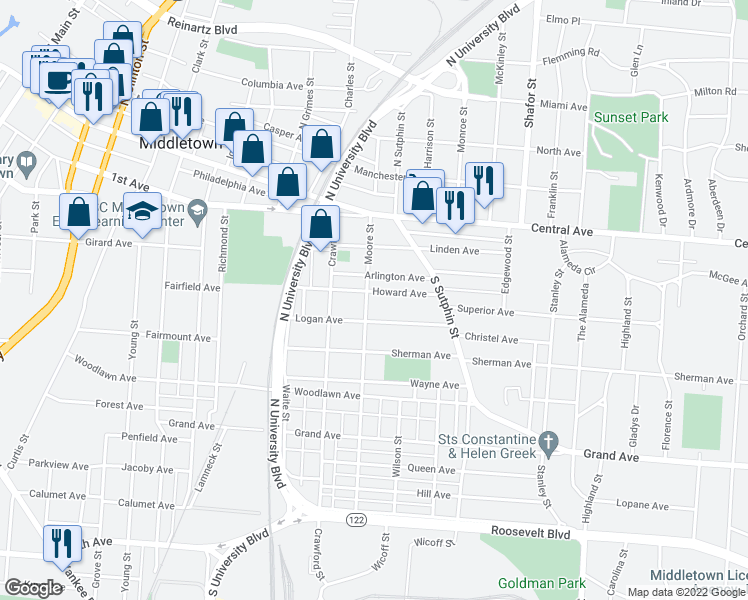 map of restaurants, bars, coffee shops, grocery stores, and more near 309 Moore Street in Middletown