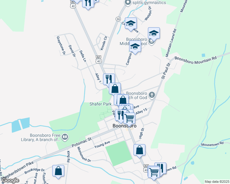 map of restaurants, bars, coffee shops, grocery stores, and more near 229 North Main Street in Boonsboro