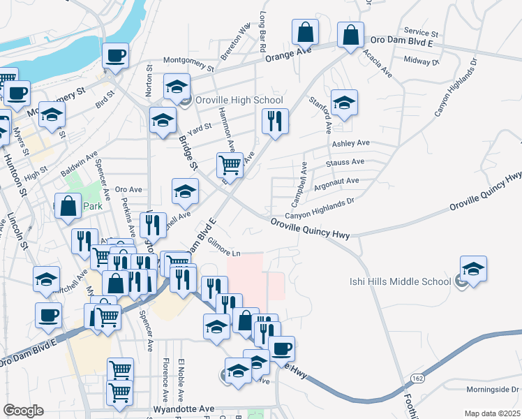 map of restaurants, bars, coffee shops, grocery stores, and more near 2301 Oroville Quincy Highway in Oroville