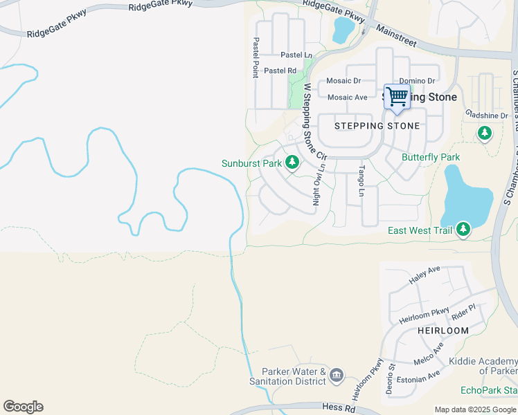 map of restaurants, bars, coffee shops, grocery stores, and more near 13840 Box Turtle Loop in Parker