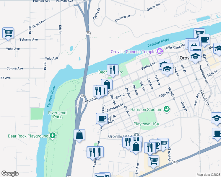 map of restaurants, bars, coffee shops, grocery stores, and more near 730 Montgomery Street in Oroville