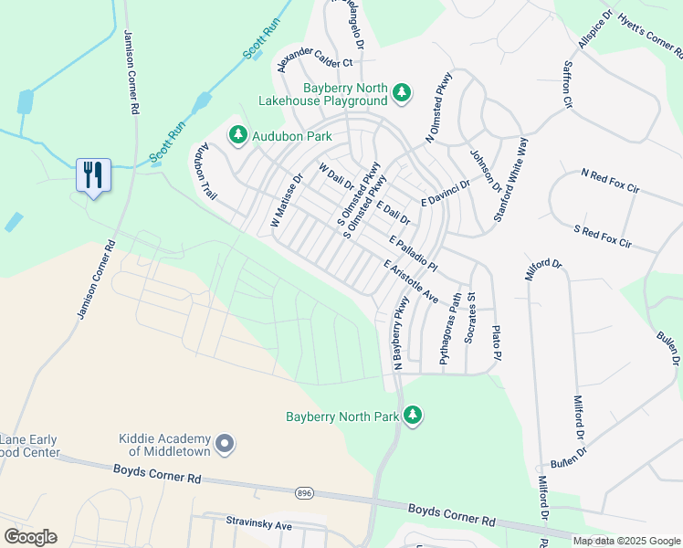 map of restaurants, bars, coffee shops, grocery stores, and more near 1803 North Pollock Way in Middletown