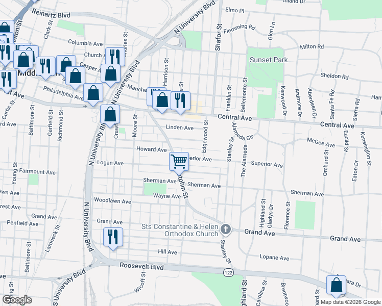 map of restaurants, bars, coffee shops, grocery stores, and more near 2217 Superior Avenue in Middletown