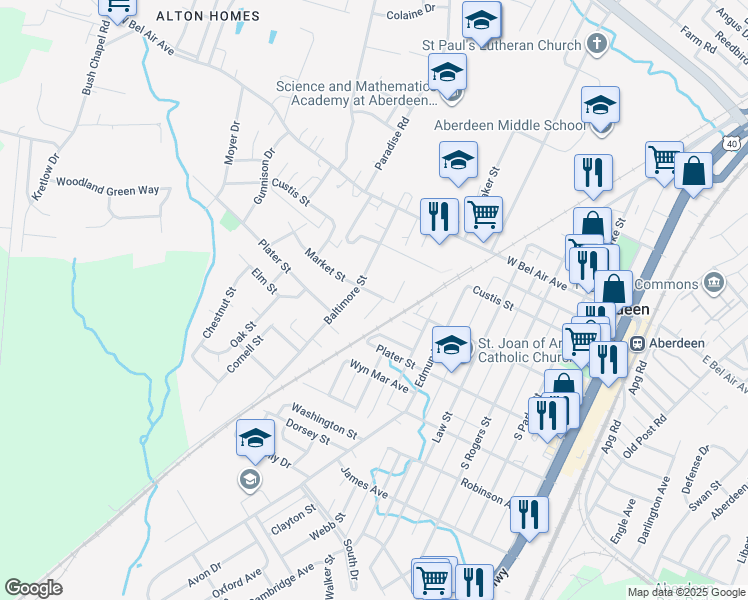 map of restaurants, bars, coffee shops, grocery stores, and more near 202 Schmechel Street in Aberdeen