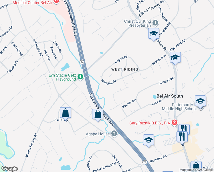 map of restaurants, bars, coffee shops, grocery stores, and more near 303 West Riding Drive in Bel Air