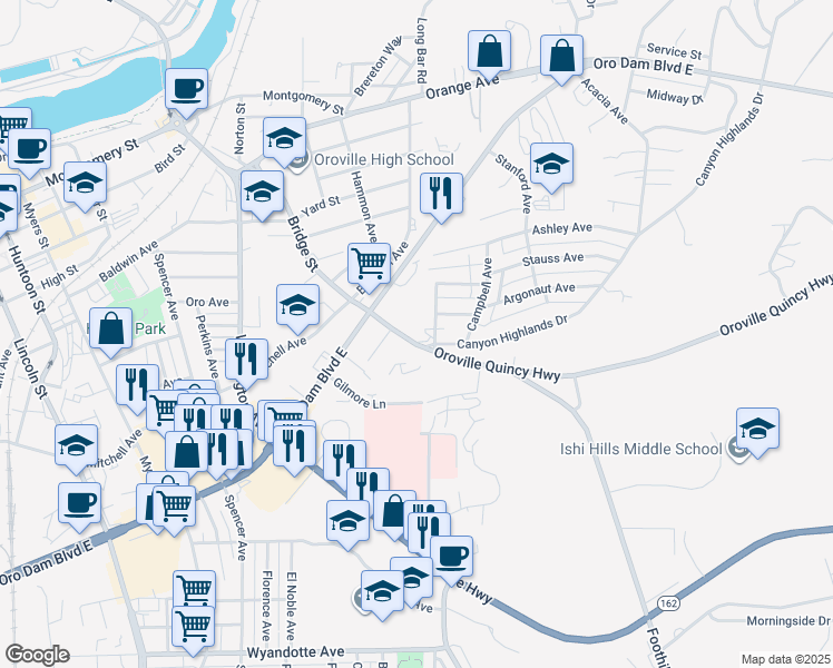 map of restaurants, bars, coffee shops, grocery stores, and more near 2301 Oroville Quincy Highway in Oroville