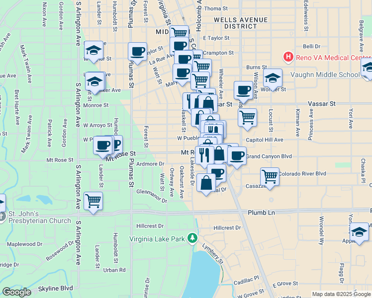map of restaurants, bars, coffee shops, grocery stores, and more near 145 Mount Rose Street in Reno