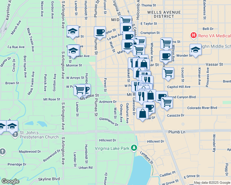 map of restaurants, bars, coffee shops, grocery stores, and more near 259 Mount Rose Street in Reno