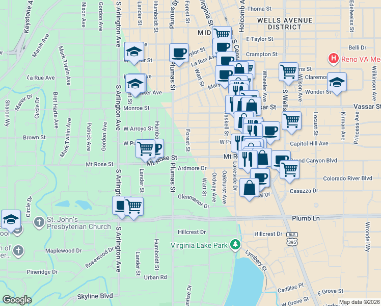 map of restaurants, bars, coffee shops, grocery stores, and more near 365 Mount Rose Street in Reno