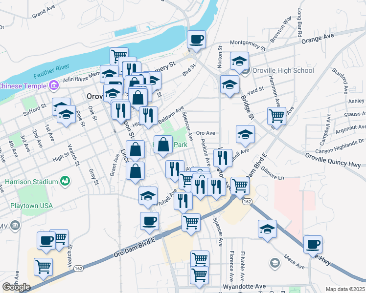 map of restaurants, bars, coffee shops, grocery stores, and more near 2172 Park Avenue in Oroville