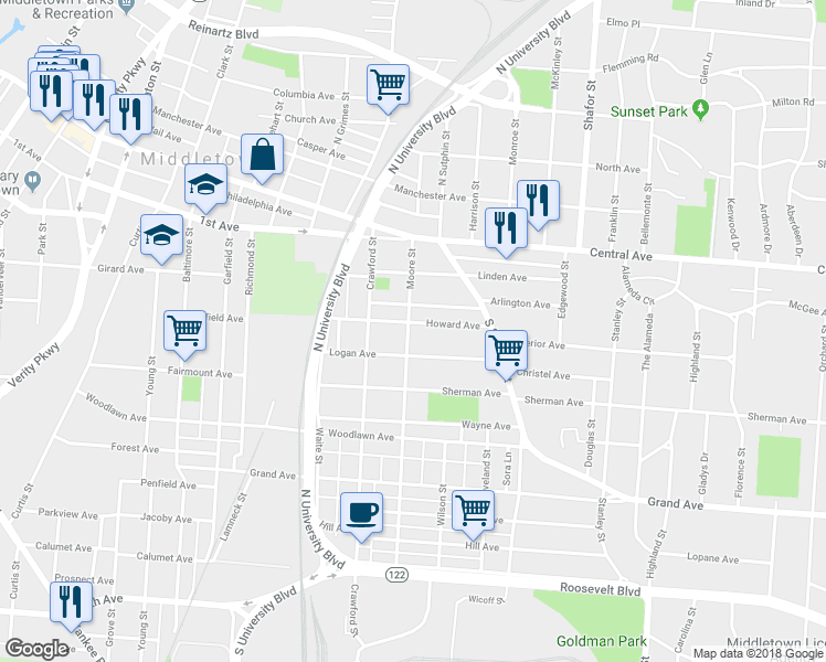 map of restaurants, bars, coffee shops, grocery stores, and more near 303 Moore Street in Middletown