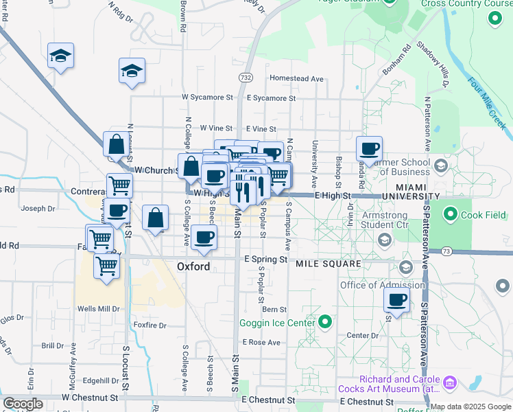 map of restaurants, bars, coffee shops, grocery stores, and more near 12 South Poplar Street in Oxford