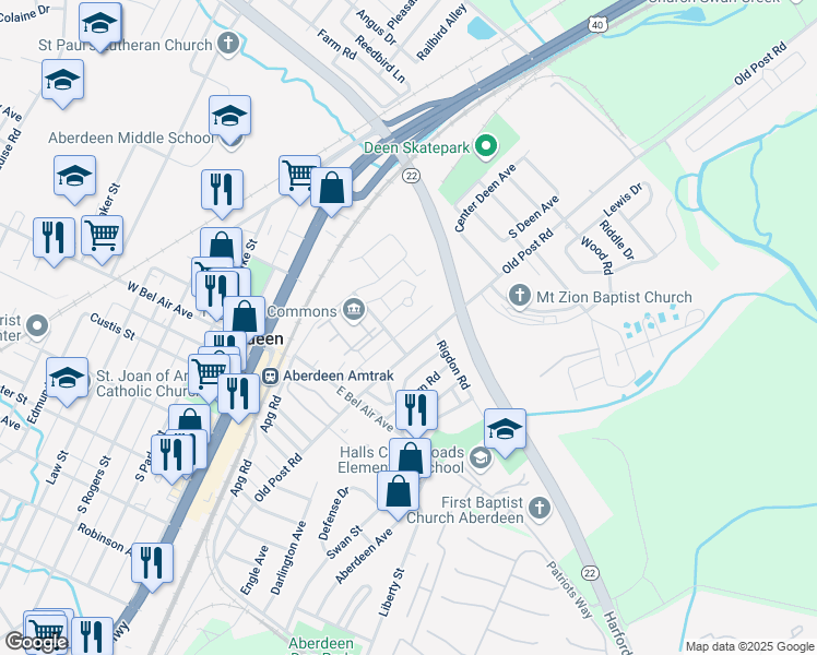 map of restaurants, bars, coffee shops, grocery stores, and more near 140 Morgan Lane in Aberdeen