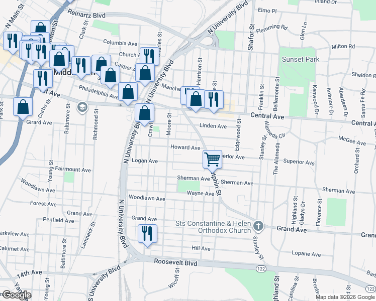 map of restaurants, bars, coffee shops, grocery stores, and more near 2026 Howard Avenue in Middletown