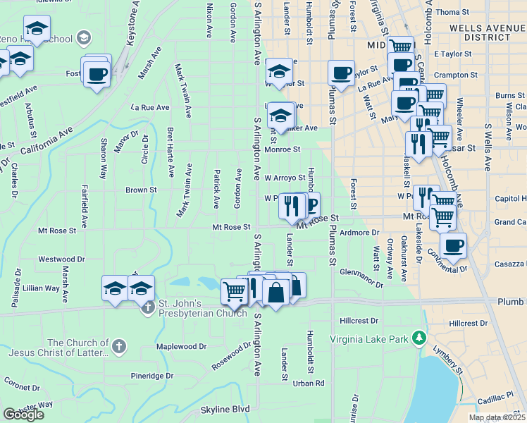 map of restaurants, bars, coffee shops, grocery stores, and more near 1450 South Arlington Avenue in Reno