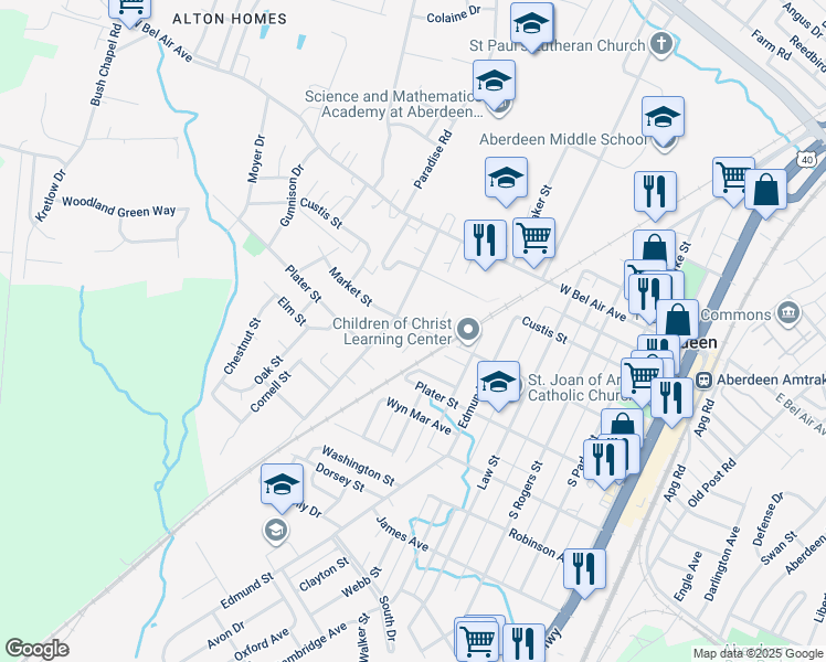 map of restaurants, bars, coffee shops, grocery stores, and more near 202 Schmechel Street in Aberdeen