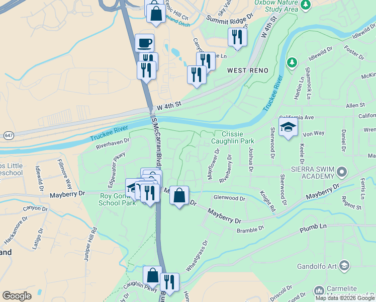 map of restaurants, bars, coffee shops, grocery stores, and more near 3223 Alum Creek Court in Reno