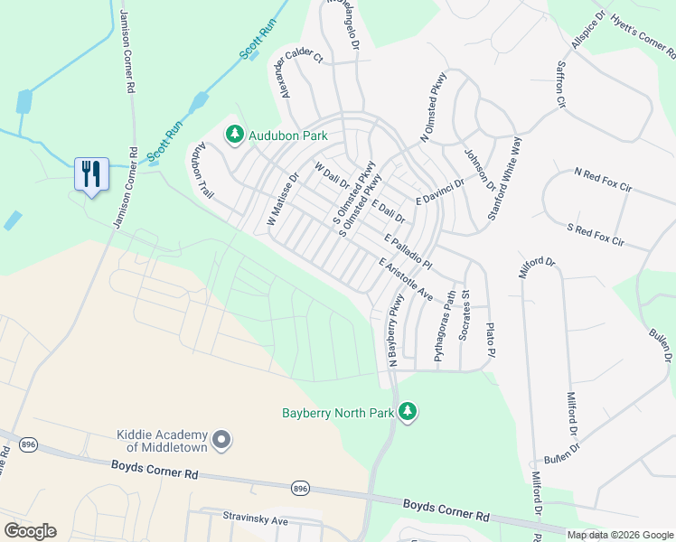 map of restaurants, bars, coffee shops, grocery stores, and more near 1805 North Pollock Way in Middletown
