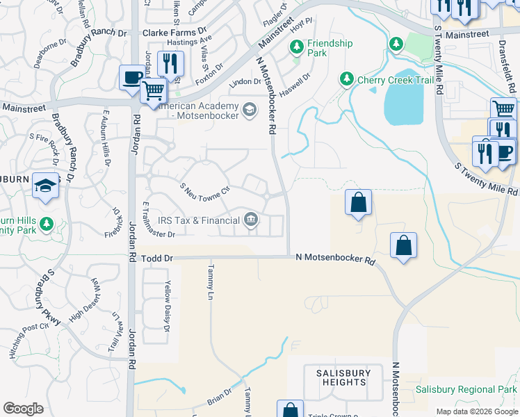 map of restaurants, bars, coffee shops, grocery stores, and more near 17525 East Iron Ore Avenue in Parker