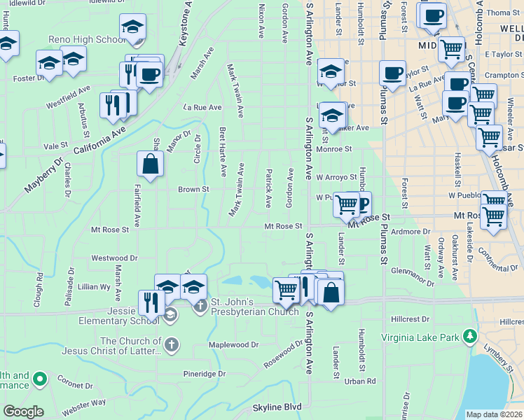 map of restaurants, bars, coffee shops, grocery stores, and more near 17 Linwood Place in Reno