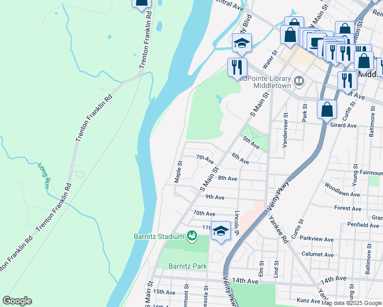 map of restaurants, bars, coffee shops, grocery stores, and more near 611 7th Avenue in Middletown