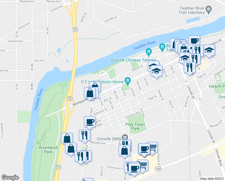 map of restaurants, bars, coffee shops, grocery stores, and more near 875 Montgomery Street in Oroville