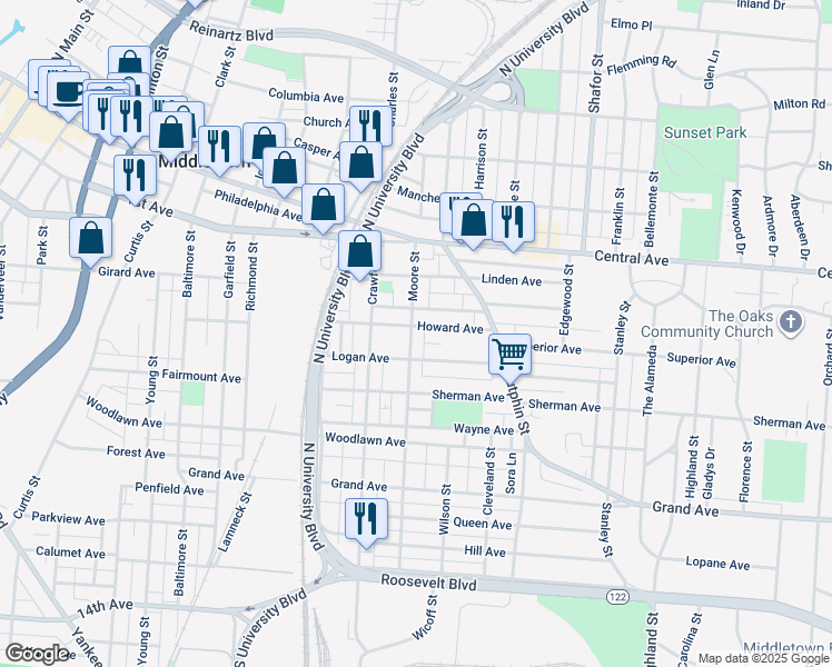 map of restaurants, bars, coffee shops, grocery stores, and more near 307 Moore Street in Middletown